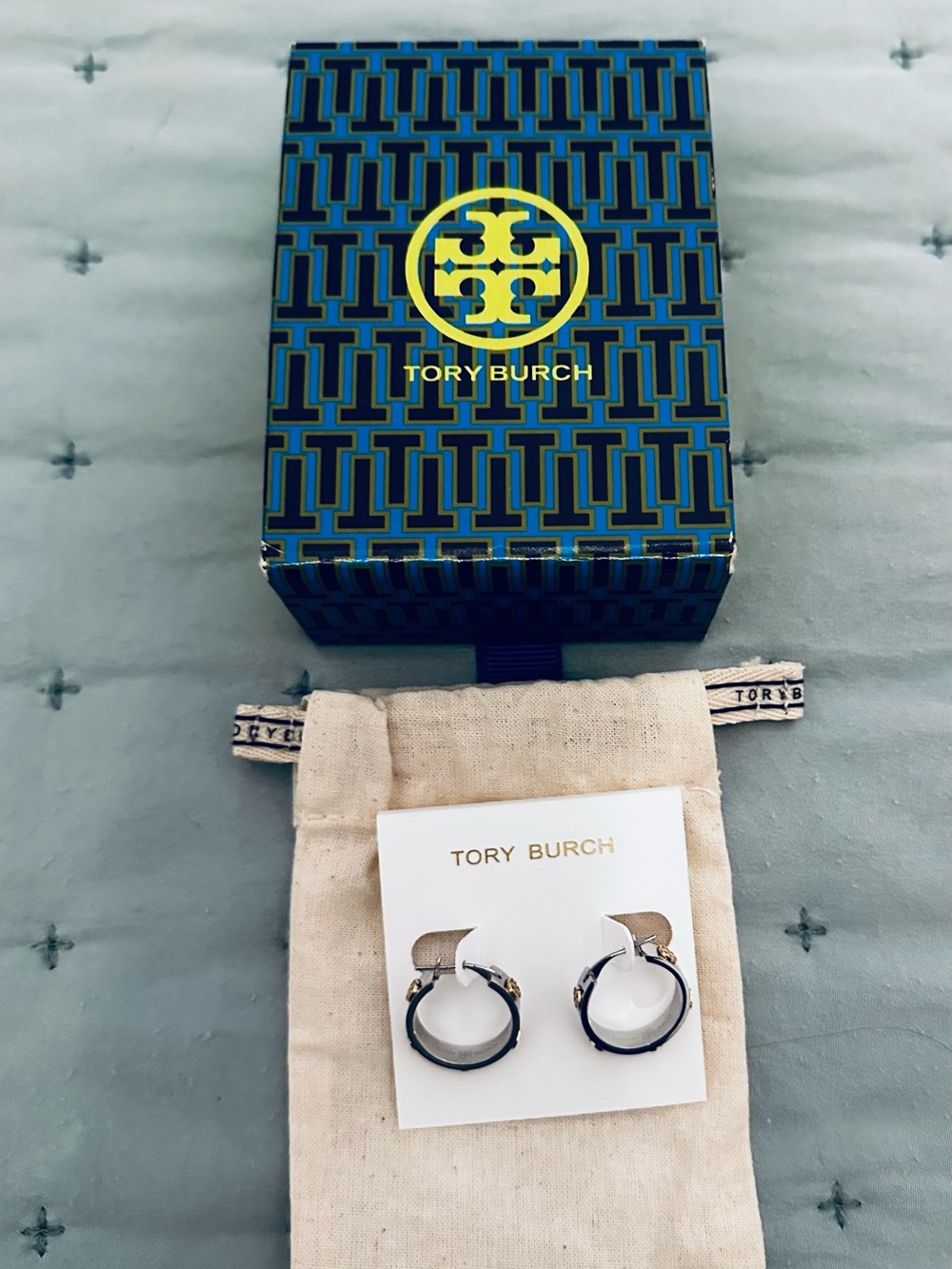 Tory Burch Black and Gold Logo Hoop Earrings